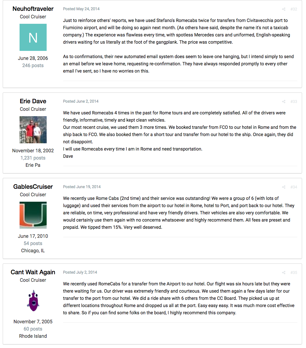 Testimonials from Crusiers about RomeCabs