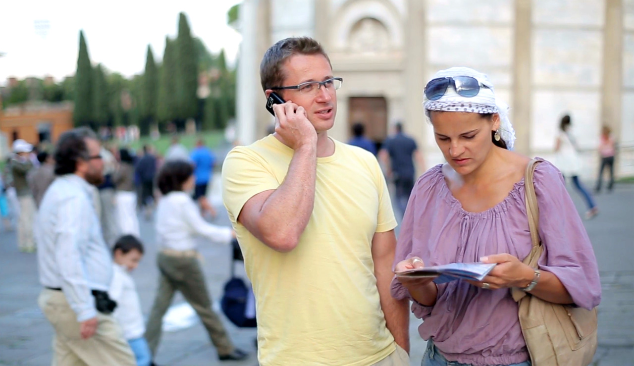 Tourists looking at map