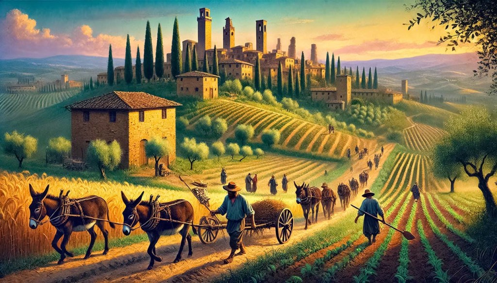 medieval farmers outside San Gimignano in the 1300s