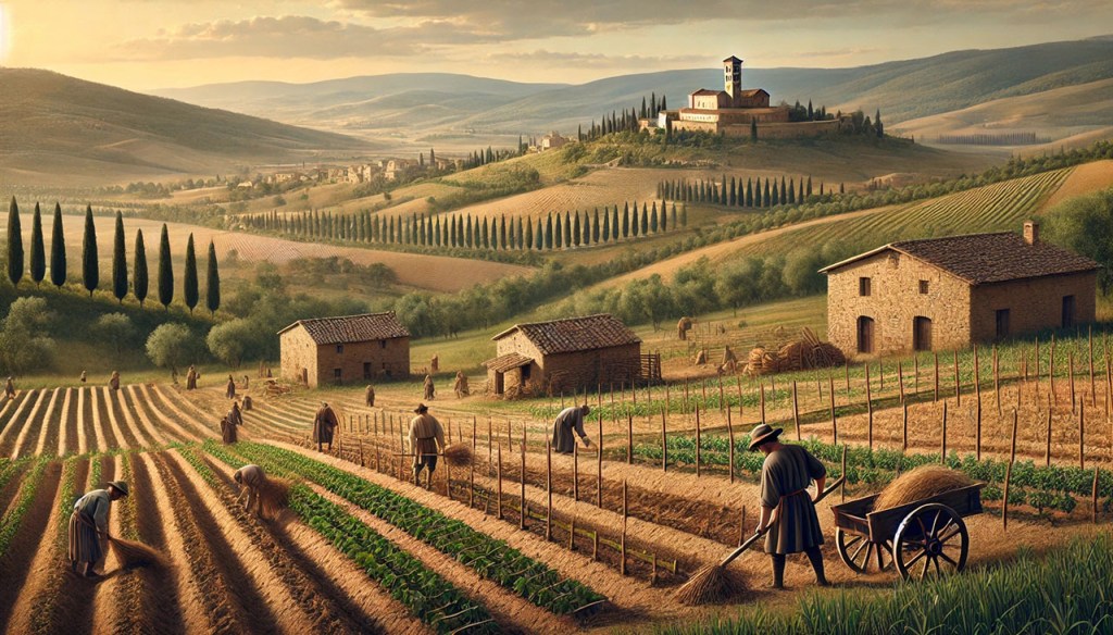 medieval farmers working the fields around Assisi in the Middle Ages