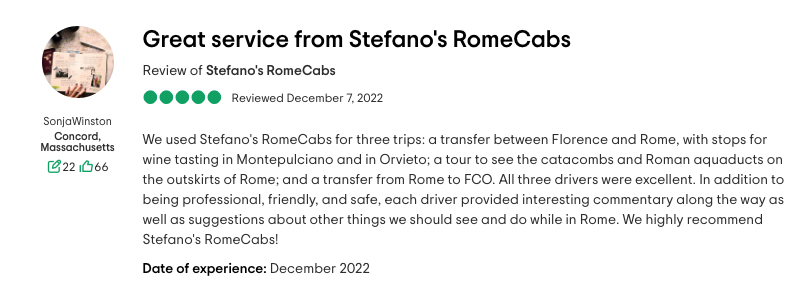 SonjaWinston RomeCabs Customer Reviews