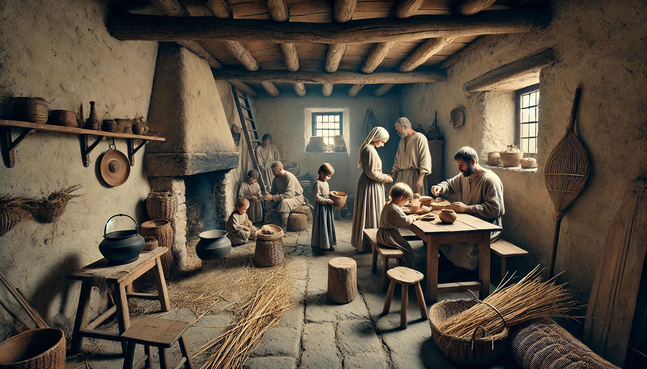 A humble villager's home in San Gimignano during the 1300s family meal